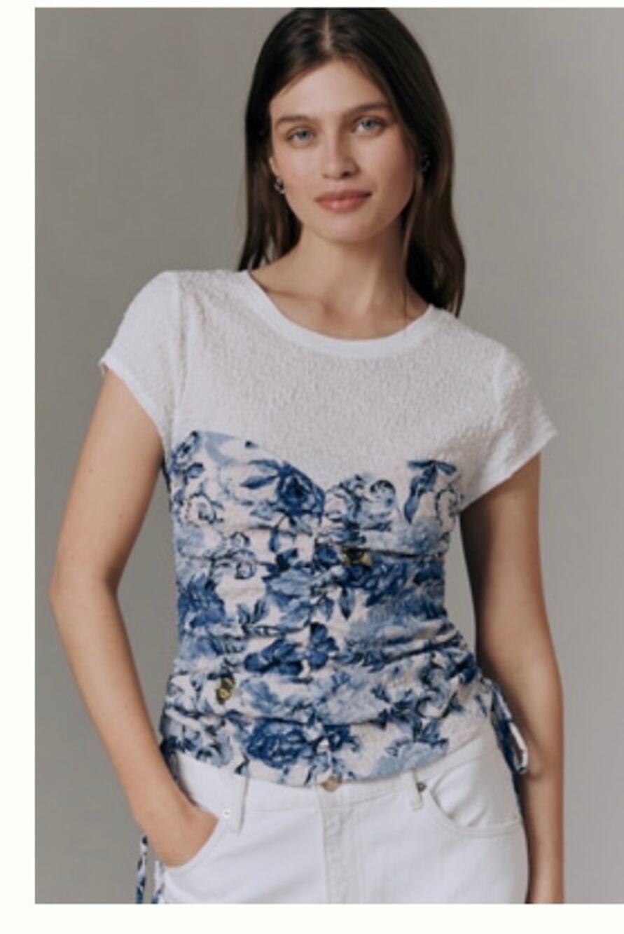 Maeve for Anthropologie Ruched Short Sleeve Top with Embroidered Bee Details